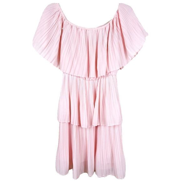 B Darlin Light Blush Pink Tiered Pleated Chiffon Off the Shoulder Dress - Picture 6 of 8